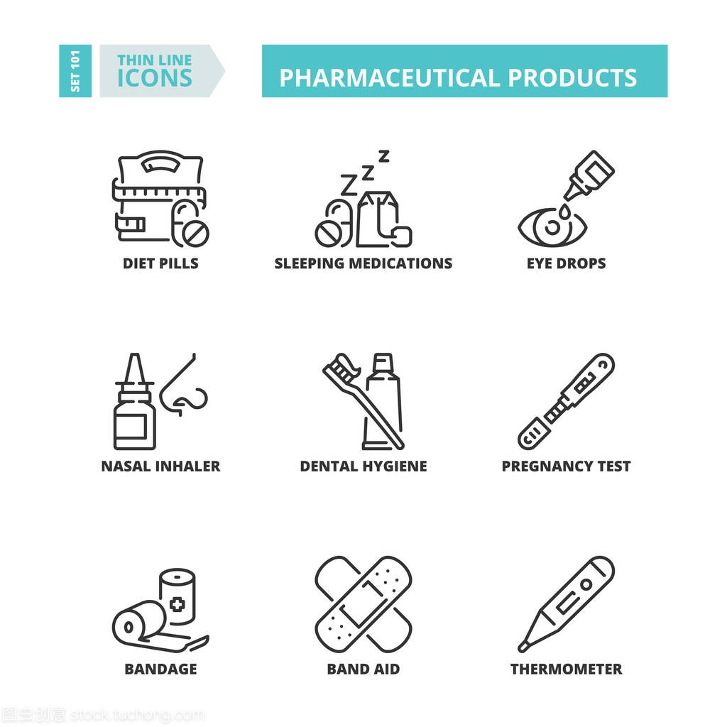 细线图标。医药产品